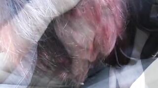 Redhead whore girl gives hot head in the car