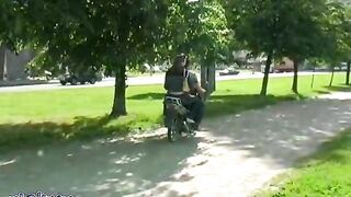 Guy on the motor bike badly owns slutty babe