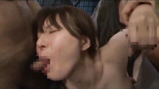 Sexy asian porn girl gets hot cum on her face after group blowjob sex