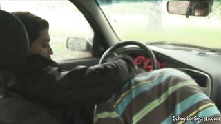 The twink pays for the ride, stroking the driver's fat cock with his wet soft lips