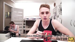 TUTOR4K. Espertinho derrama chá no vestido de professora madura e a seduz