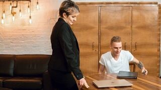 TUTOR4K. Tutor makes man weak in his knees so he cant stop