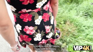 VIP4K. Pretty village girl was carrying some plums to her grandma and showed pussy to a stranger