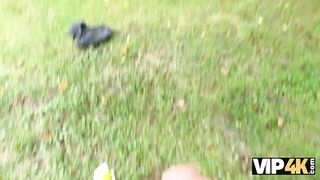 VIP4K. Pretty village girl was carrying some plums to her grandma and showed pussy to a stranger