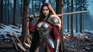 Wikinger-Schönheit Snow Fuck in knapper Metallrüstung und rotem Umhang neckt