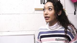 Curly pilfer pops her cherry for security guard after deep oral