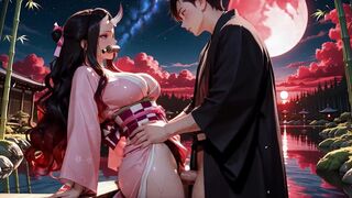 Nezuko in posizione a quattro zampe si fa schiaffeggiare le grosse tette e imbrattare la faccia con sborrate selvagge e disordinate