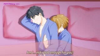 El marido hentai hace que su nueva esposa eyacule abundantemente sobre la cama del hotel.