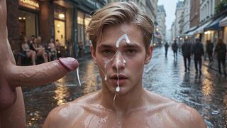 Penetración anal profunda al aire libre mientras el público observa al chico cabalgar para una eyaculación facial desordenada.