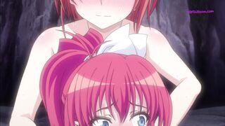 Hentai-Mädchen mit lila Haaren wird in einer Höhle von Tentakelmonstern vergewaltigt