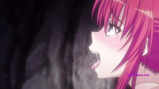 Hentai-Mädchen mit lila Haaren wird in einer Höhle von Tentakelmonstern vergewaltigt