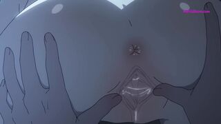 Una ragazza hentai dai capelli blu si fa penetrare a fondo da un grosso pene in una scena hentai spinta.