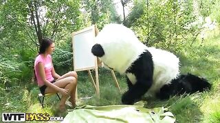 Sex in the woods with a huge toy panda