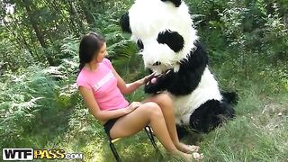 Sex in the woods with a huge toy panda