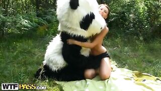 Sex in the woods with a huge toy panda