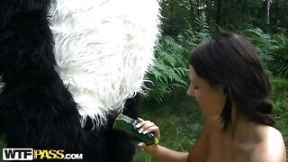 Sex in the woods with a huge toy panda