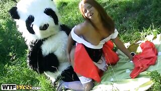 Petit chaperon rouge baisant avec un panda dans le bois