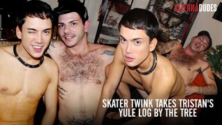 Lo skater Twink prende il tronco di Yule di Tristan vicino all'albero