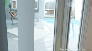 Slim cutie relaxes by the indoor pool totally naked