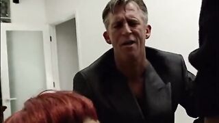 Red-haired slut was screwed by two vicious old men