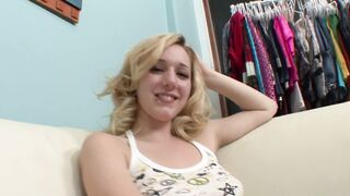 Sweet blonde teen goes for a porn interview and licks that cock so well