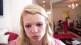 Blonde Girl Little Taylor loves sucking on Big White Cock