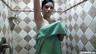 Little Bailey Fingering her shaved Pussy in the Shower