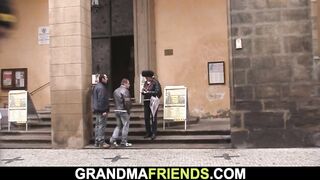 Two friends pick up and bang hairy skinny granny